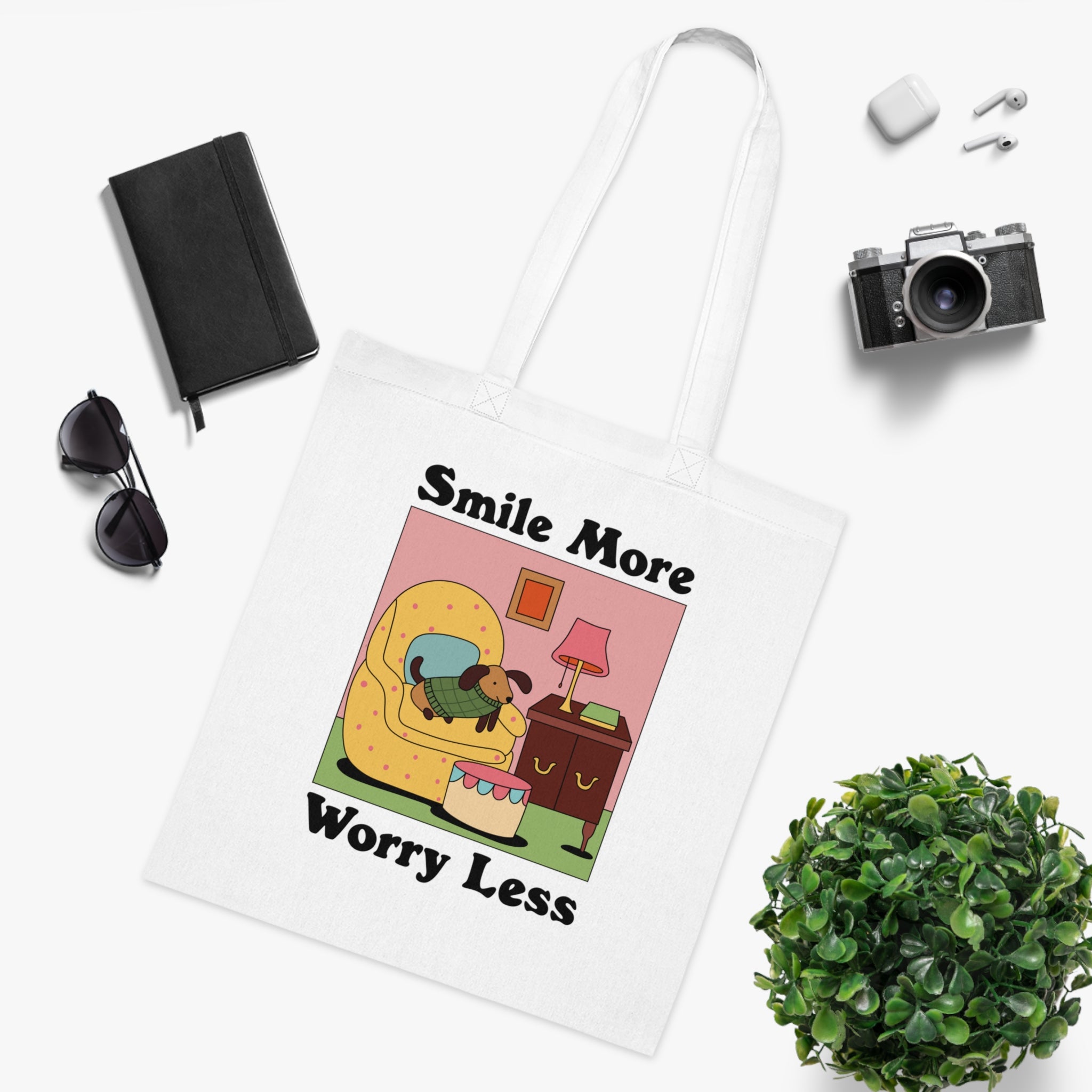 Smile More Worry Less White Tote Bag